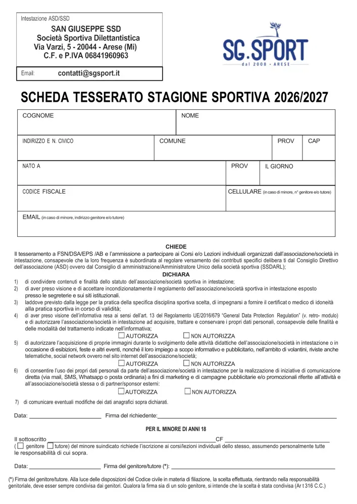 Scheda Tesserato Stagione 2026/2027